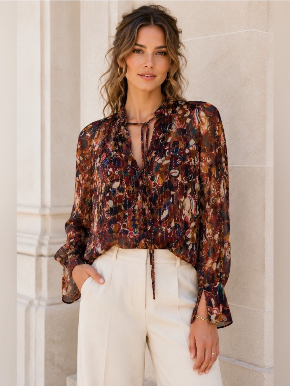 A.L.C. Frida Silk Metallic Abstract Blouse